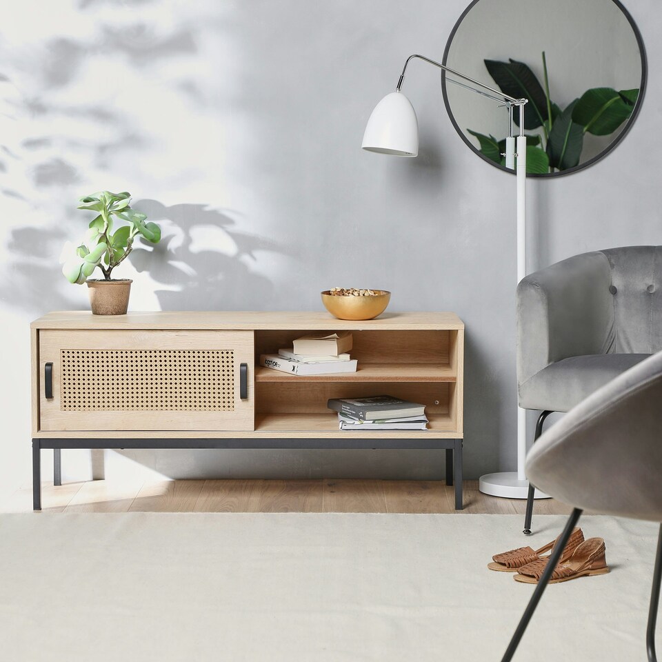 image 1 of Spinningfield Wood Effect Rattan TV Unit For TV's up to 55" | Brown | 1