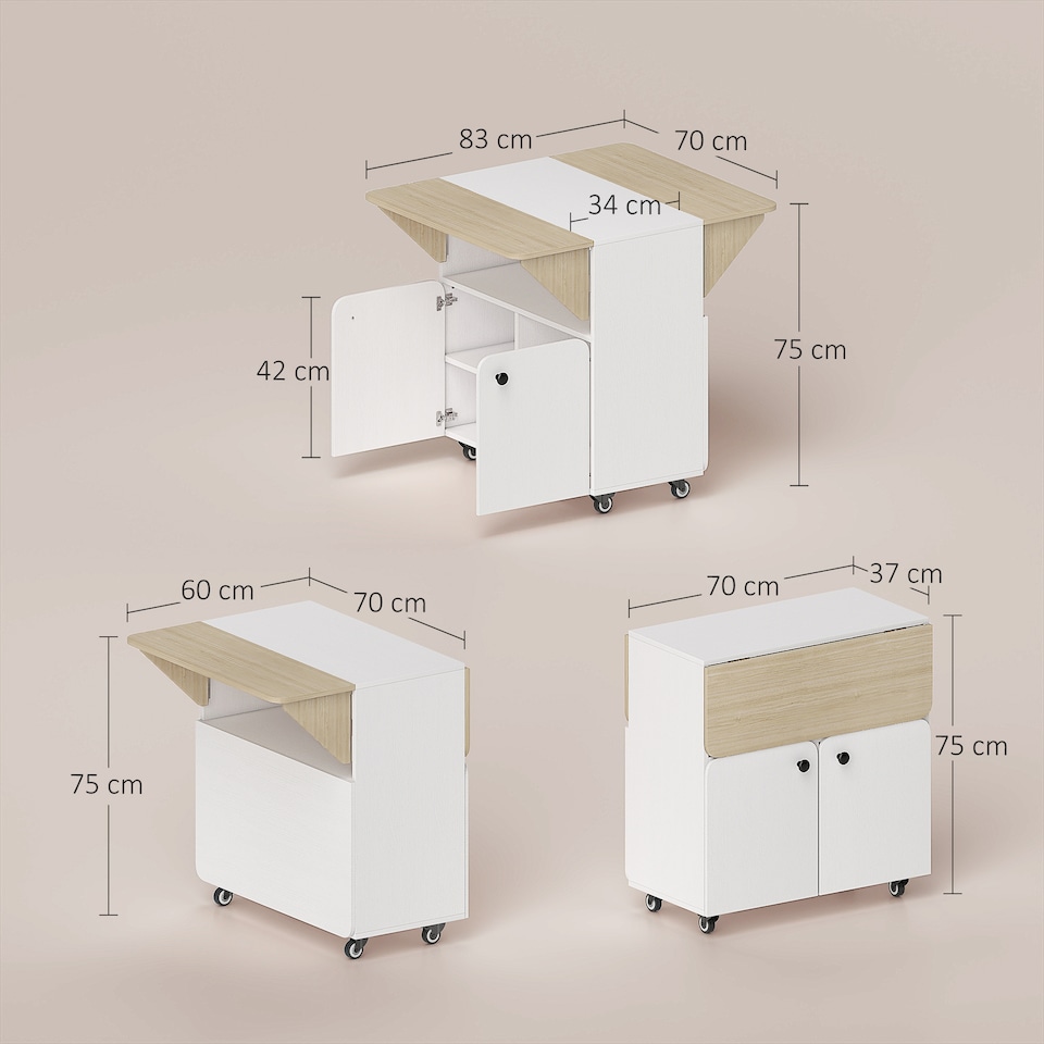 image 1 of HOMCOM Folding Dining Table, Rolling Drop Leaf Table with Hidden Shelf | White | White and Natural Wood | 70W x 83D x 75H cm