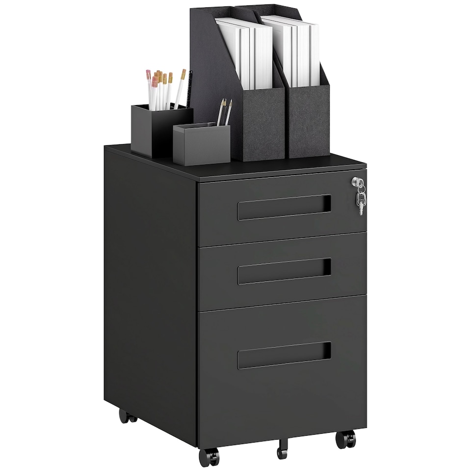 image 1 of Vinsetto 3 Drawer Mobile File Cabinet, Metal Filing Cabinet with Lock and 5 Wheels for A4 Legal Letter Sized Documents, Hanging File Folders, Pre-Assembled Body, 39 x 48 x 60 cm, Black | Black | Black