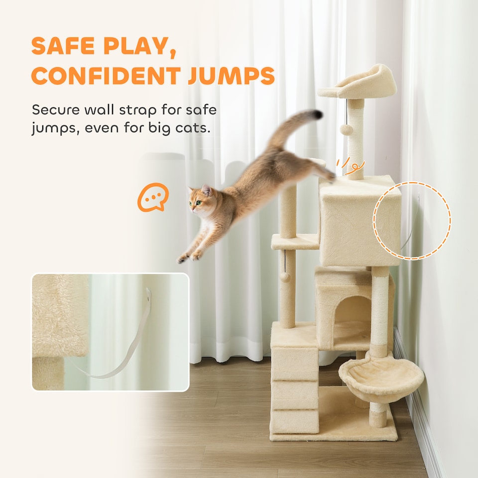 image 1 of PawHut 140cm Cat Tree Tower with Sisal Scratching Posts, Condos, Beige