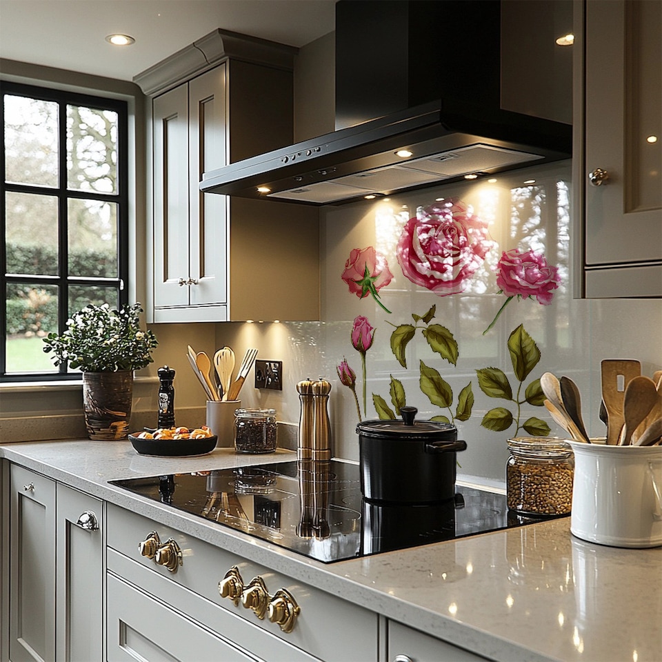 image 1 of Roses & Leaves Splash Back | White