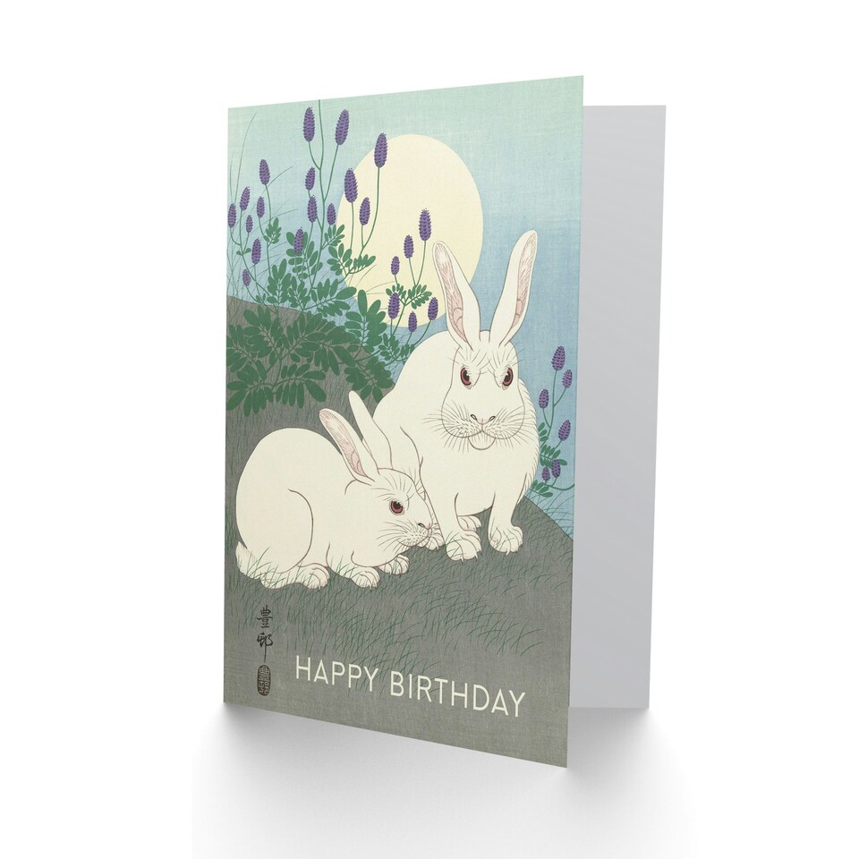 image 1 of Happy Birthday Ohara Koson Rabbits Vintage Japanese Birthday Card