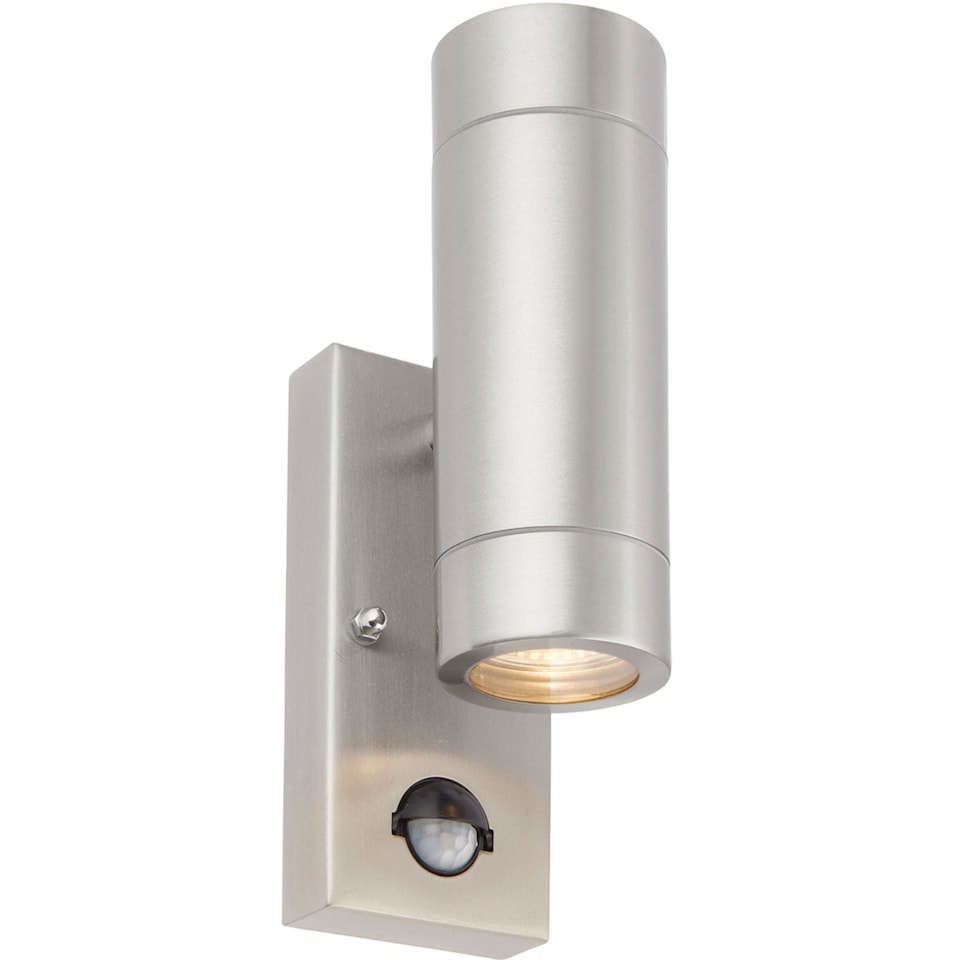 image 1 of Automatic Up & Down IP44 Wall Light with PIR - 2 x 7W GU10 LED - Brushed Steel