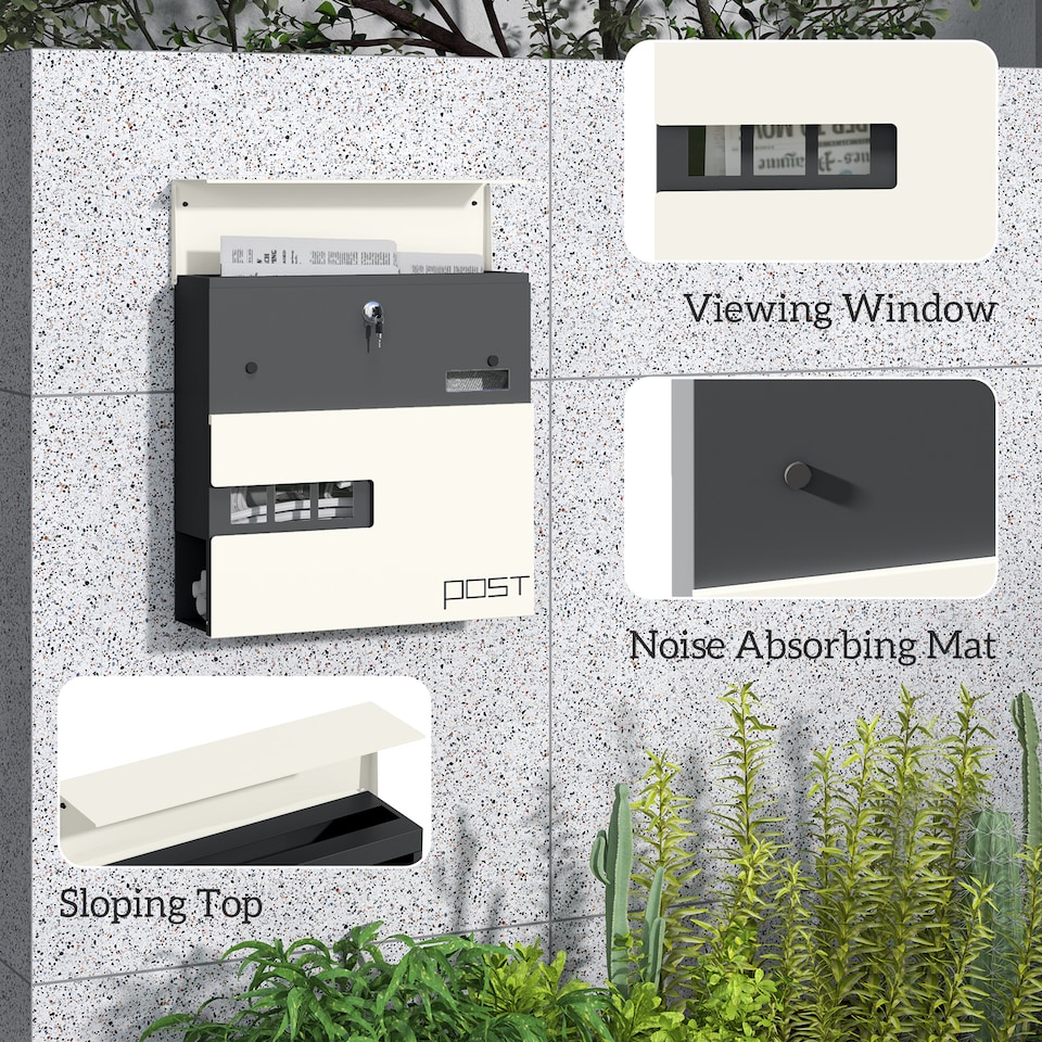 image 1 of HOMCOM Wall Mounted Post Box with Viewing Window, 2 Lock, Modern Galvanised Steel Mailbox with Copper Core, Weatherproof Letterbox for Outdoor Use, Easy to Install, White | White