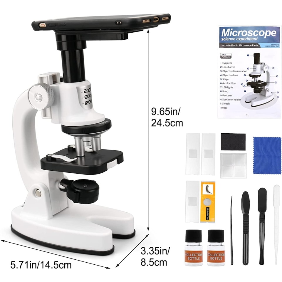 image 1 of Kids Microscope Kit - Portable Science Set with LED Light, Smartphone Holder & 15 Accessories Educational STEM Toy