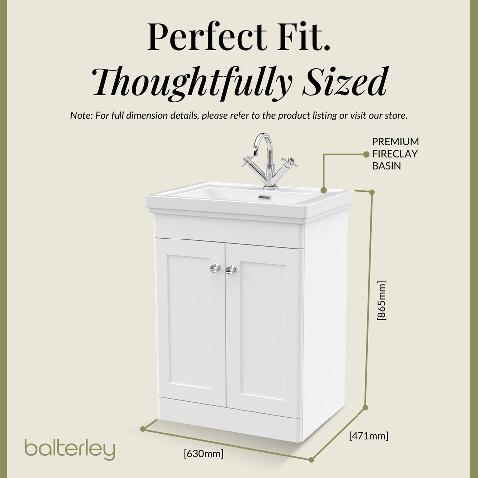 image 1 of Balterley Classic Traditional Bathroom Floor Standing 2-Door Vanity Unit & Fireclay Basin | White | Satin White