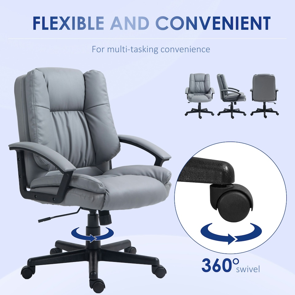 image 1 of HOMCOM Faux Leather Home Office Chair Mid Back Desk Chair with Arms Light Grey