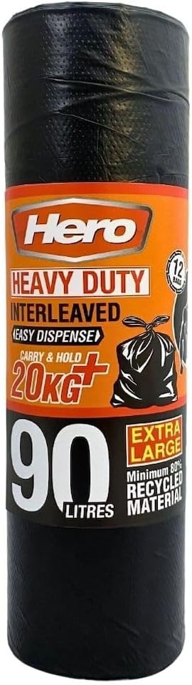 image 1 of Hero 90L Extra Heavy Duty Black Bin Bags – Strong Refuse Sacks | 12 Bags per Roll for Household, Garden & Commercial Use