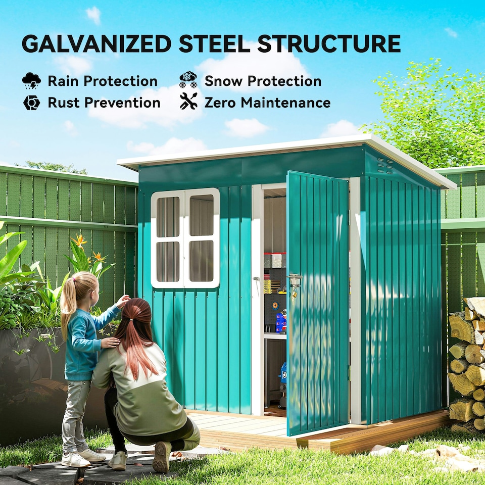 image 1 of Outsunny 7 x 4ft Galvanised Steel Garden Shed with Foundation Kit, Green
