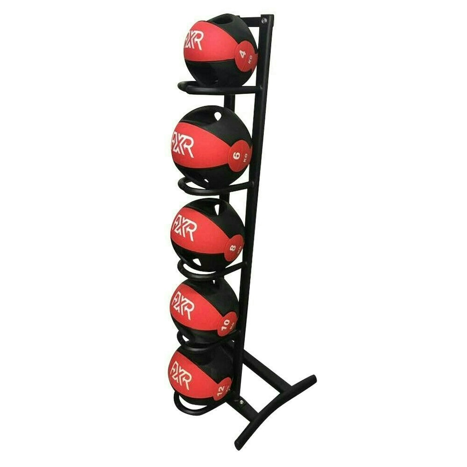 COMMERCIAL MEDICINE BALL RACK WITH RED DOUBLE HANDED MEDICINE BALLS