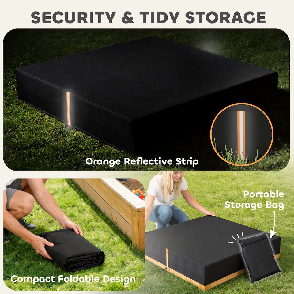 image 1 of AIYAPLAY Sandbox Cover, Square Sandpit Cover with Drawstring & Elastic Band | Black | Black with orange reflective strip | 125 x 125 x 20 cm