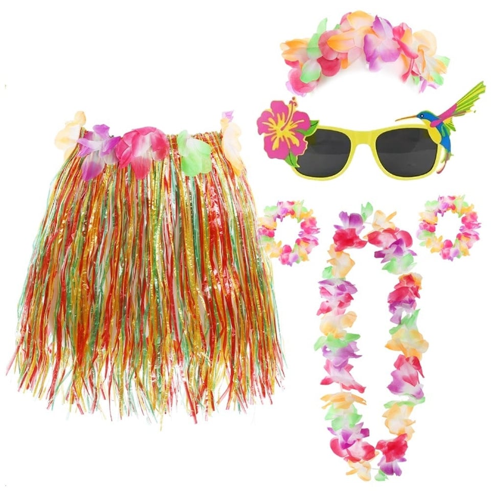 image 1 of Multicoloured Hula Skirt with Flower Lei & Glasses Set Multi | One Size