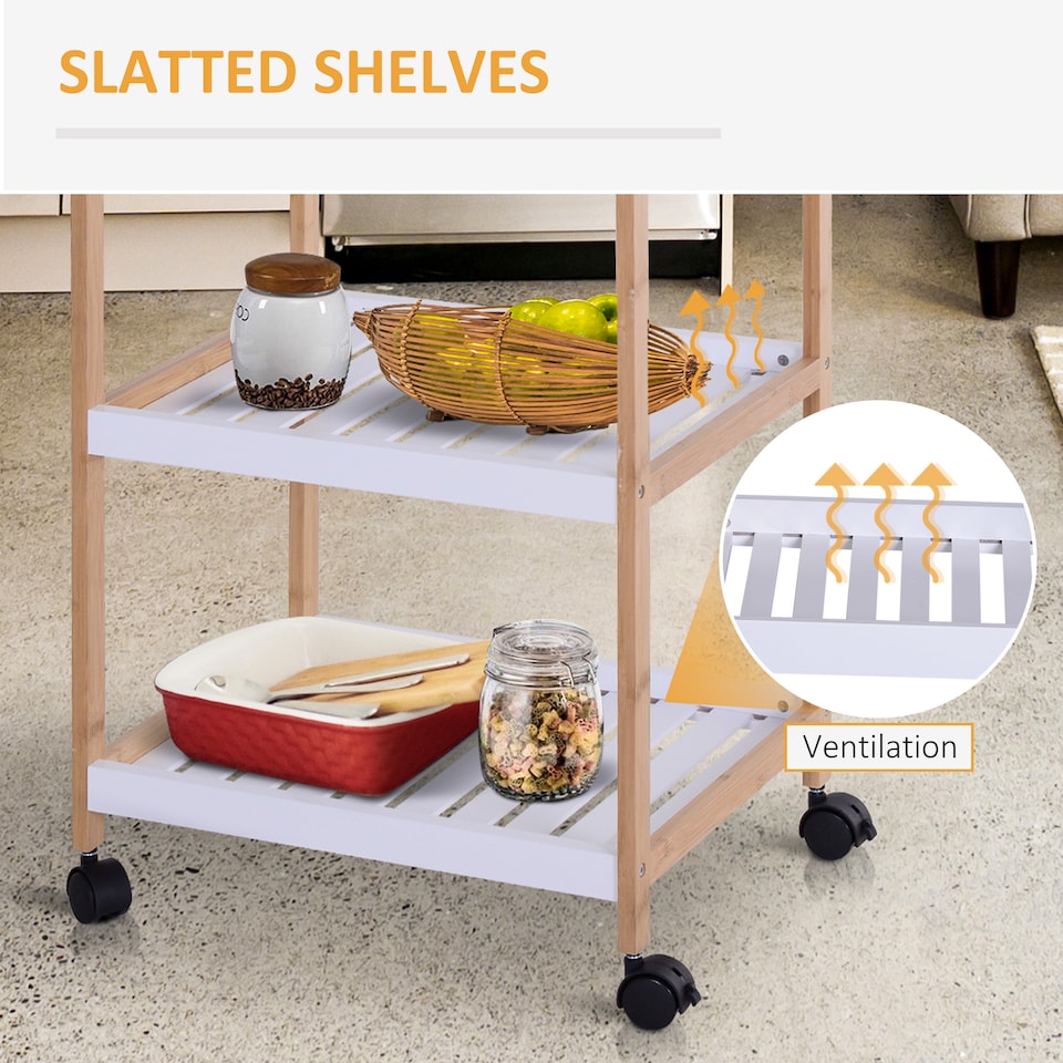 image 1 of HOMCOM 3-Tier Mobile Kitchen Trolley Cart Storage Shelves Rack Rolling Wheels White 46 x 35 x 74.5 cm