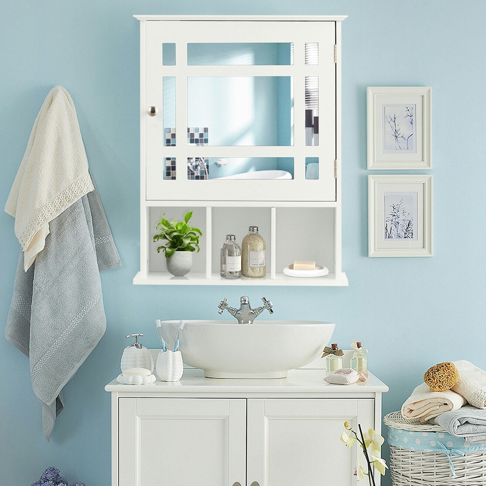 image 1 of COSTWAY Bathroom Wall Storage Cabinet Medicine Organizer White White