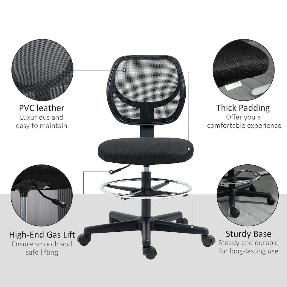 image 1 of Vinsetto Draughtsman Chair Office Chair w/ Adjustable Footrest Ring, Black