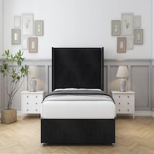Sloomy Devonshire Black Naples Divan Bed With Mattress No Drawers With 54" Wingback Headboard 4' Small Double | Black | Black | Small Double | 1