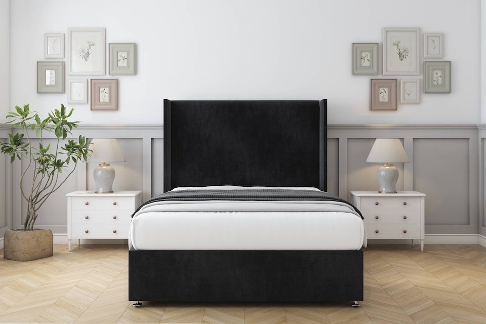image 1 of Sloomy Devonshire Black Naples Divan Bed With Mattress No Drawers With 54" Wingback Headboard 4' Small Double | Black | Black | Small Double | 1