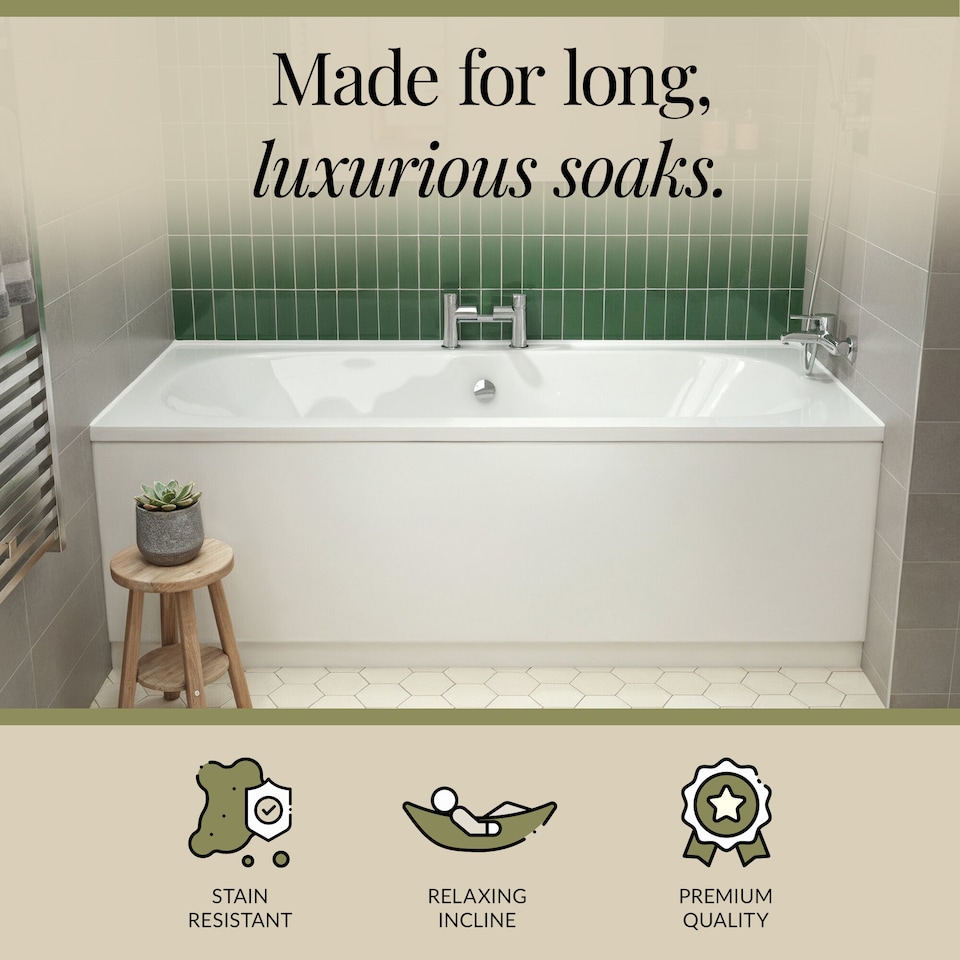 image 1 of Double Ended Straight Shower Bath with Leg Set, 1700mm x 750mm - White | White | White | 1