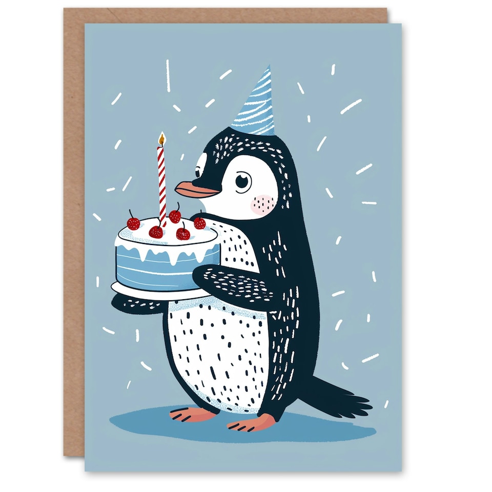 image 1 of Cute Kids Cake Party Hat Girl Boy Penguin Daughter Son Birthday Card