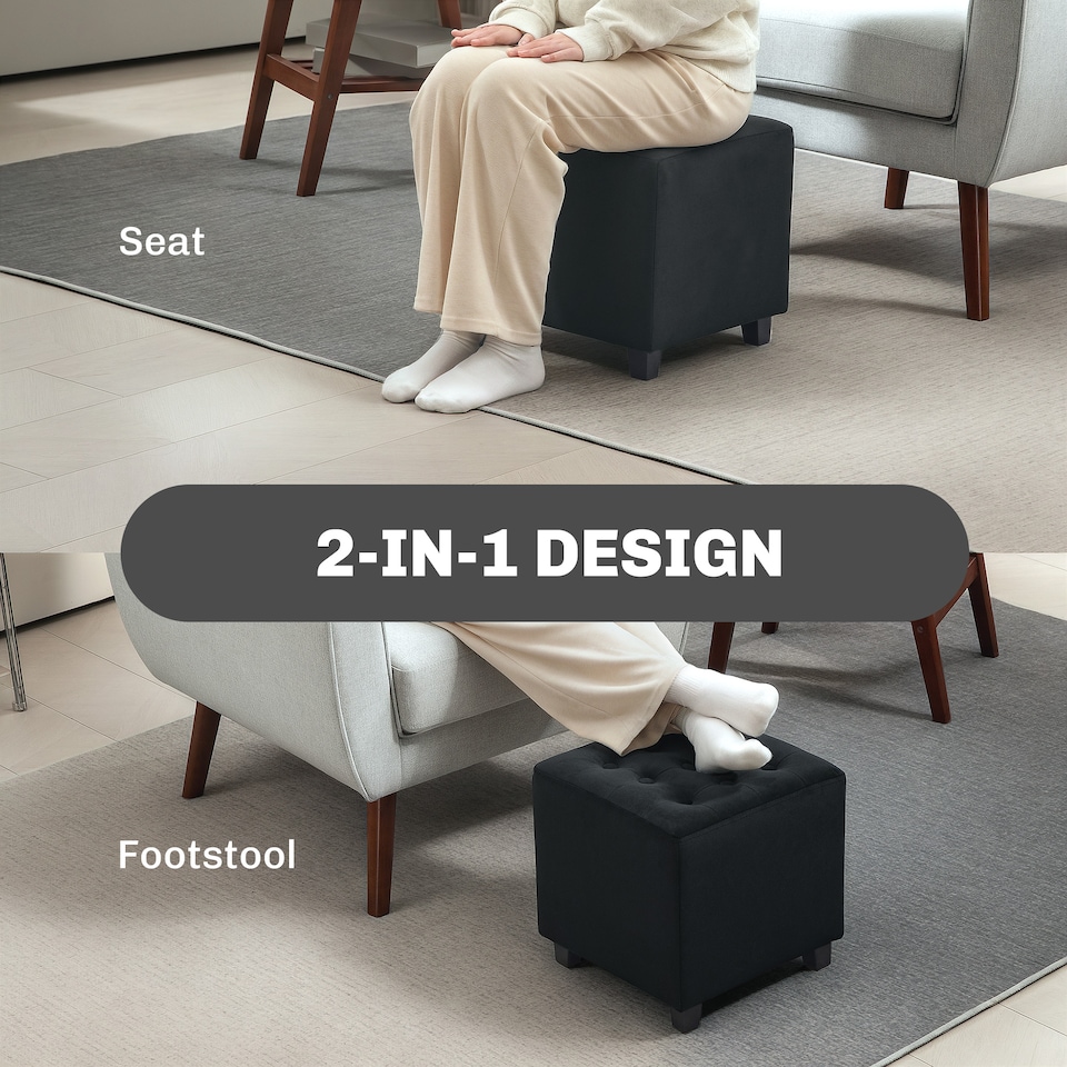 image 1 of HOMCOM Small Footstool Ottoman, Velvet Footrest, Square Foot Stool with Rubber Wood Legs and Padded Seat for Living Room, Bedroom, Entryway, 35 35 35cm, Charcoal Grey | Grey | Dark Grey | 1