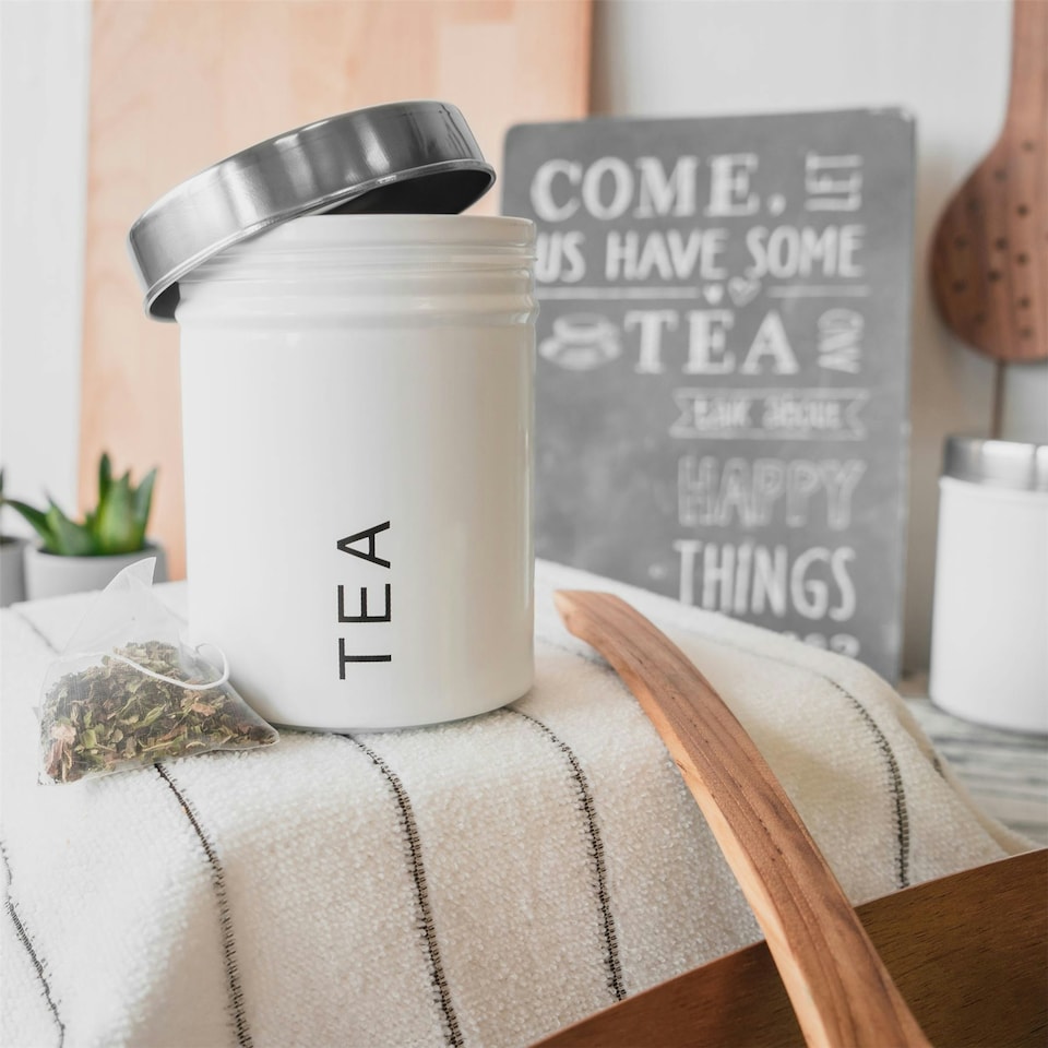 image 1 of Harbour Housewares White Round Metal Kitchen Tea Canister Kitchen Caddy Kitchen Storage Containers Canisters
