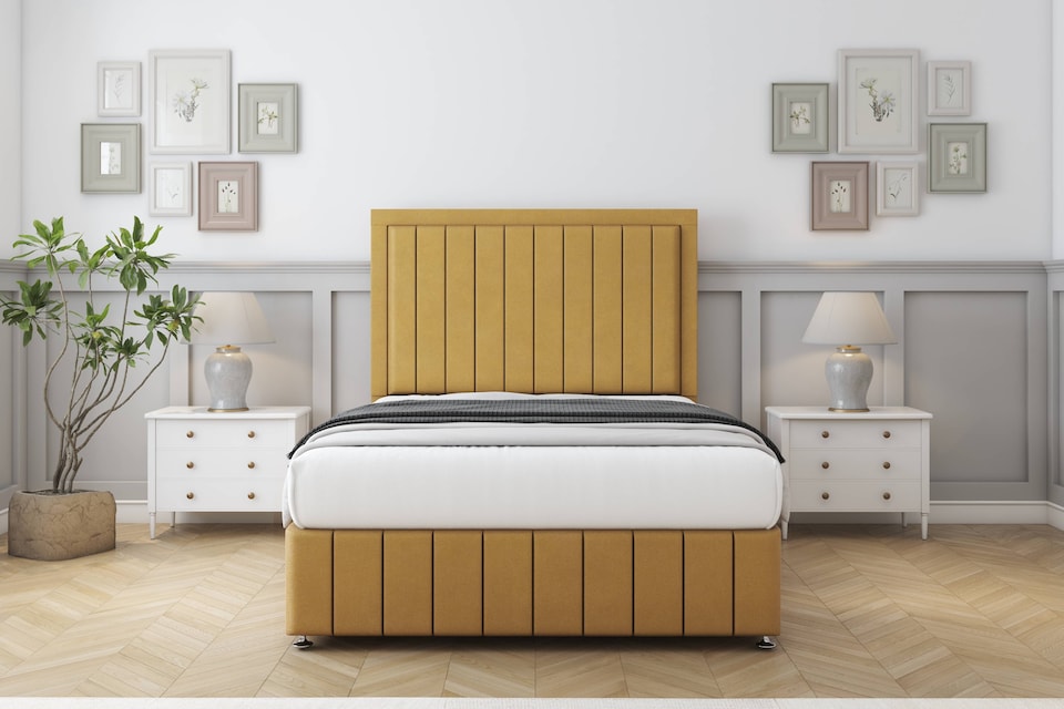 image 1 of Sloomy Pemberton Mustard Plush Divan Bed With Mattress 2 Drawers Right Side With 26" Strutted Headboard & 12" Matching Footboard 2'6 Small Single | Gold | Mustard | Small Single | 1