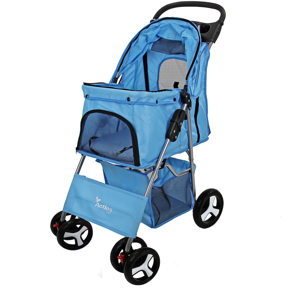 image 1 of Pet Stroller Dog Cat Puppy Pram Pushchair Travel Cart Jogging Buggy Carrier (Blue with Cover)