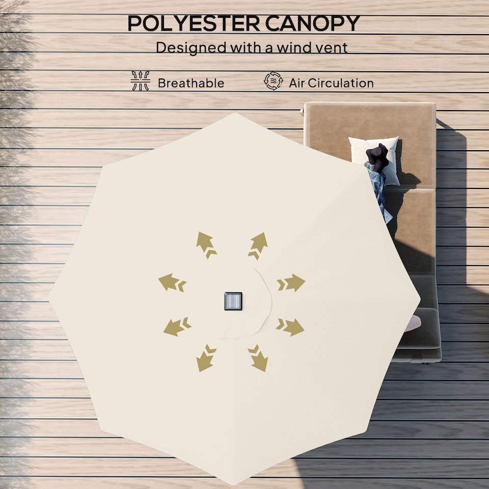 image 1 of Outsunny 2.7m Garden 24 LED Light Parasol Solar Outdoor Tilt Sun Umbrella Patio Club Party Event Manual Sun Shade w Hand Crank and 8 Ribs, Offwhite