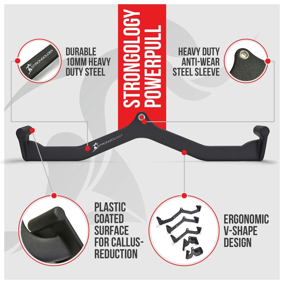 image 1 of Strongology POWERPULL Lat Bar Pull Down Bar Attachments, Workout Accessory for Gym, Fitness, Cable Weightlifting Use, Strength Training Arms, Back, Shoulders