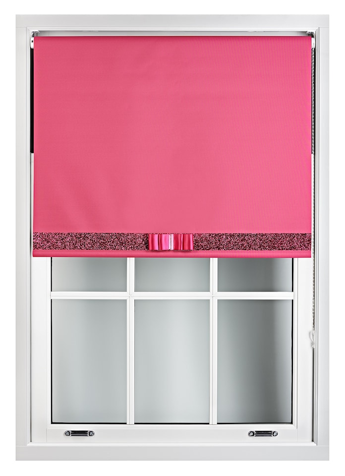 image 1 of FURNISHED Blackout Roller Blind with Fuchsia Glitter Trim and Fuchsia Bow Cut to Size | Pink | Fuchsia | (W) 240cm x (L) 210cm