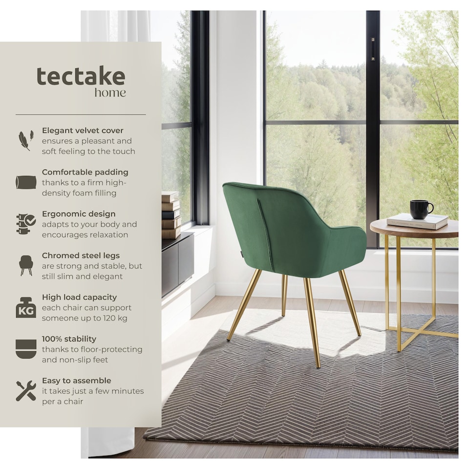 image 1 of Dining Chair Marilyn - quilted velvet, continuous backrest, gold steel legs | Green | dark green/gold | One Size | 2