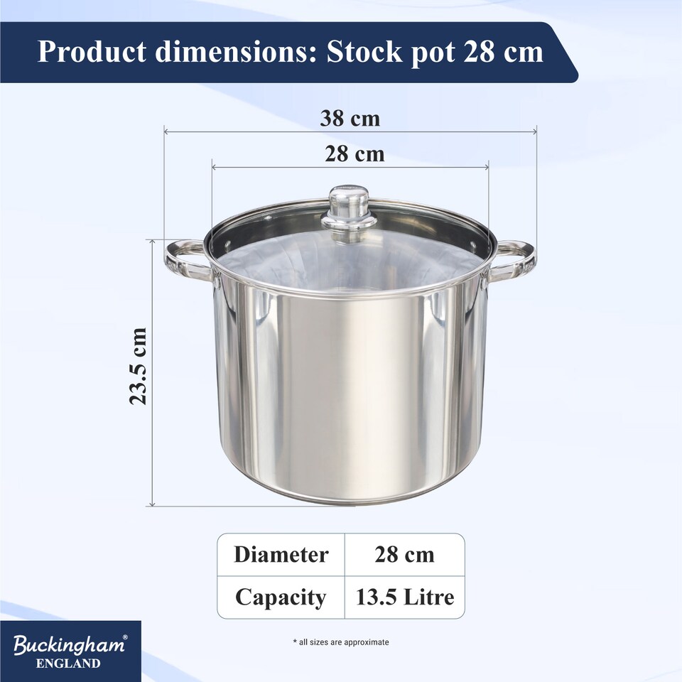 image 1 of Buckingham Deep Stock Pot Stainless Steel with Glass Lid 28 cm , 13.5 Litre