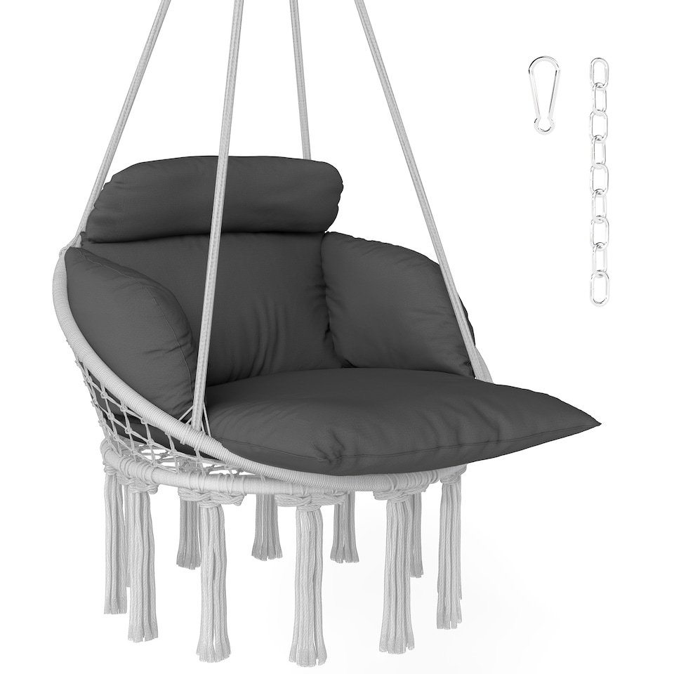 image 1 of Outsunny Hanging Chair Outdoor Hammock Chair with Soft Cushion, Cotton Rope Boho Style Swing Chair, Hanging Garden Swing Seat for Indoor Outdoor, Dark Grey | Grey | Dark Grey