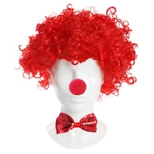 3 Piece Red Set - Red Nose, Curly Wig & Sequin Bow Tie Red | One Size