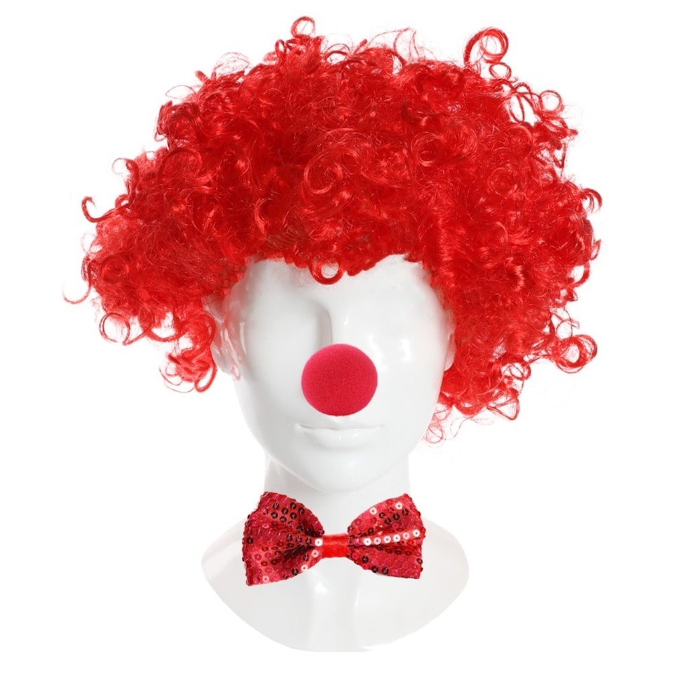 image 1 of 3 Piece Red Set - Red Nose, Curly Wig & Sequin Bow Tie Red | One Size