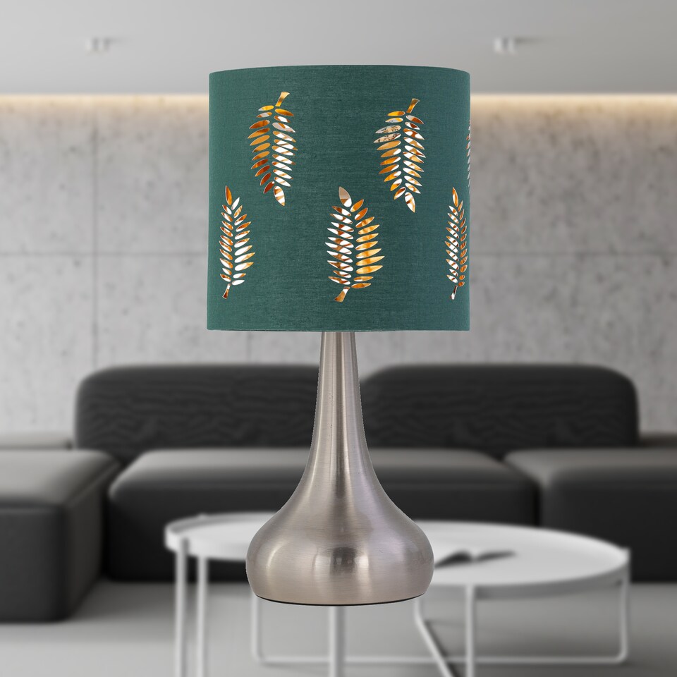 image 1 of Set of 2 Romana - Brushed Chrome Touch Table Lamps Dark Green Shades | Chrome | Satin nickel plate and dark green cotton with gold inner detail | 2