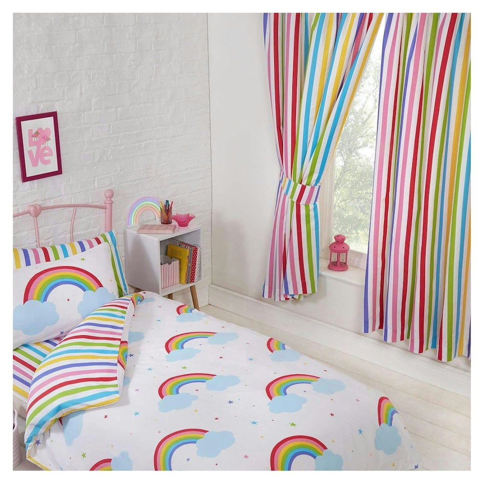 image 1 of Bedding & Beyond Rainbow Striped Lined Curtains (Pack of 2) - Multicoloured - 54in x 66in Multi