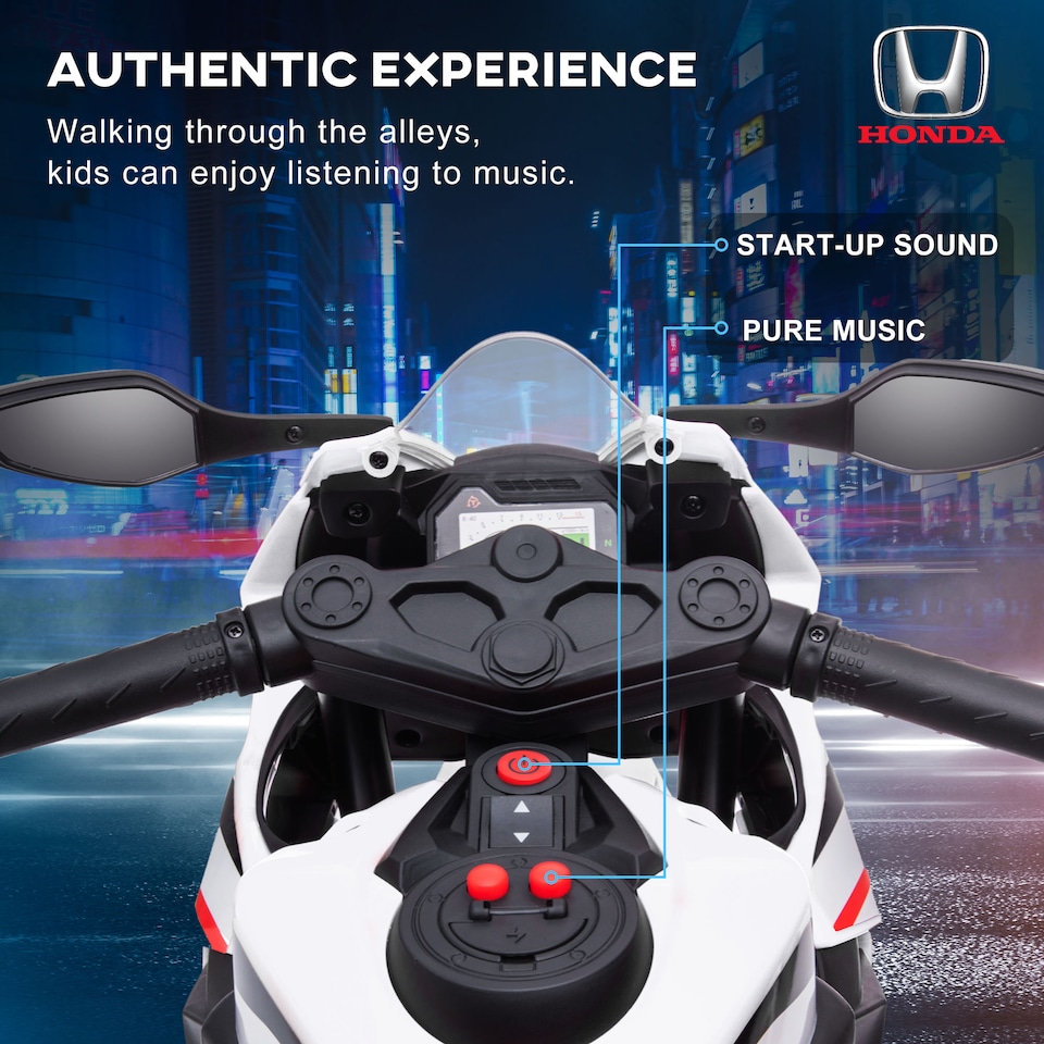 image 1 of HOMCOM Honda Licensed 6V Kids Electric Motorbike Ride On Motorcycle Vehicle with Headlights, Music, Training Wheels, for Ages 3-5 Years White