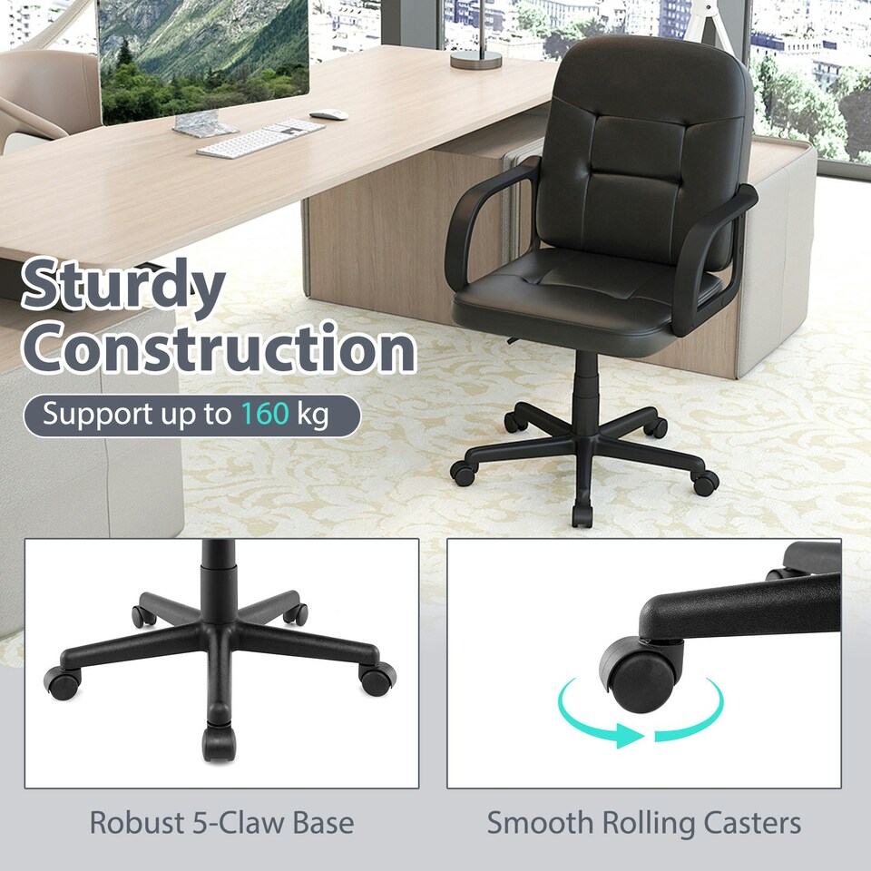 image 1 of COSTWAY Leather Office Chair PU Upholstered Swivel Chair Black
