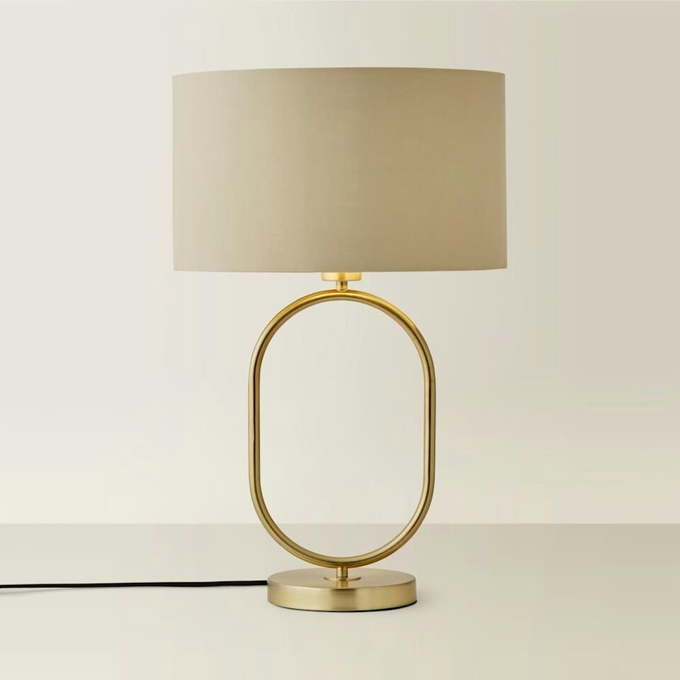 image 1 of ValueLights Antonia Beige with Metallic Gold Inner Drum Shade Brushed Gold Oval Table Lamp Gold