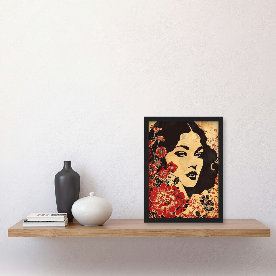 image 1 of Beauty Bloom Woman Floral Portrait Black Framed Wall Art Print A4