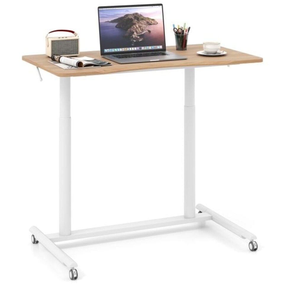 image 1 of COSTWAY Adjustable Height C-Shaped Mobile Standing Desk Natural N/A