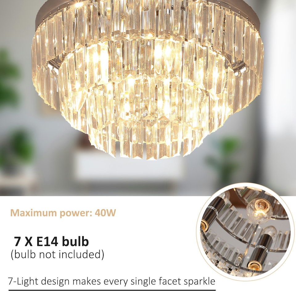image 1 of HOMCOM Crystal Chandelier Flush Mount Ceilings Lighting Fixture for Living Room