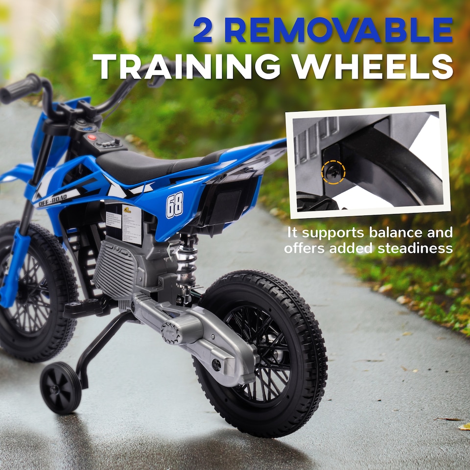 image 1 of AIYAPLAY 12V Kids Electric Motorbike, Kids Electric Ride on Motorcycle, Battery Powered Toy with Twist Grip Throttle, Training Wheels, Suspension System, Music, Blue