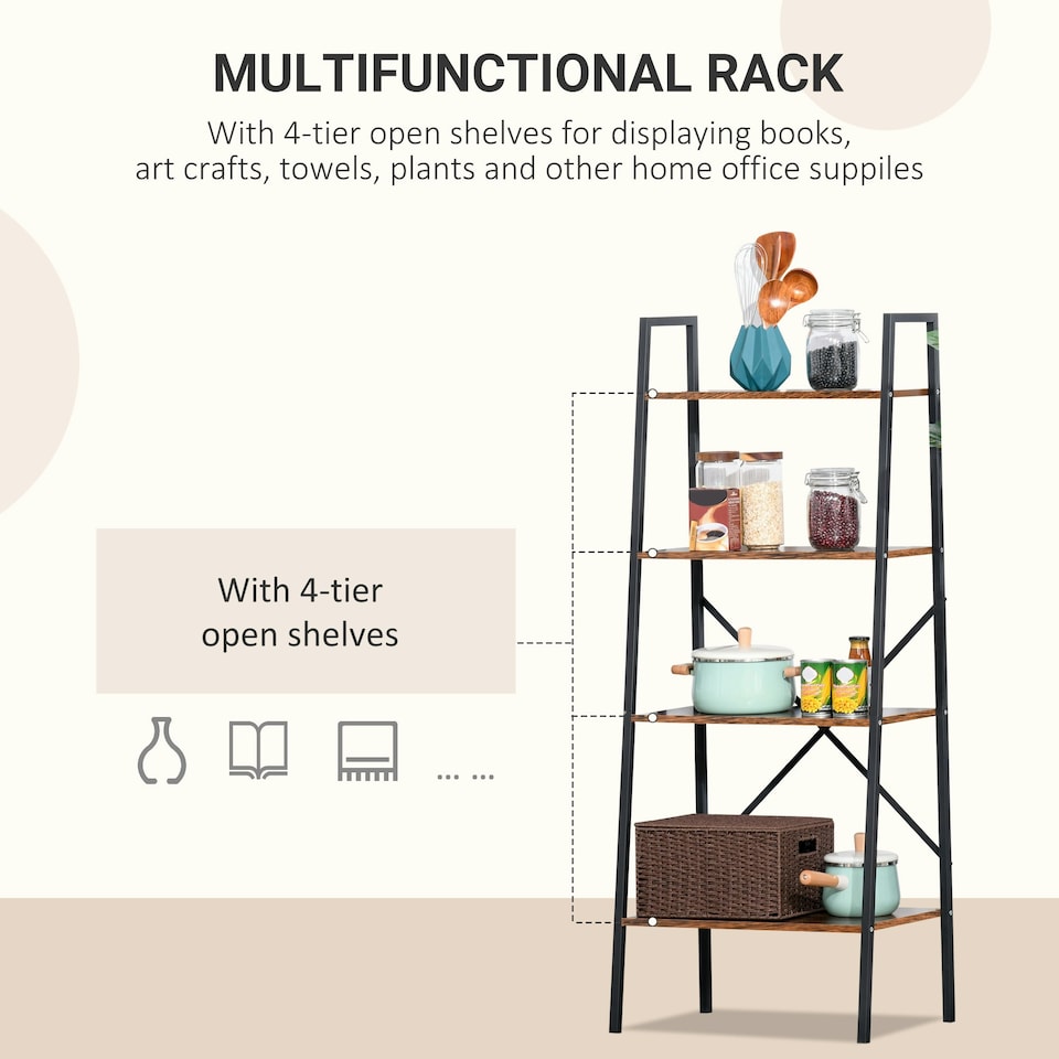 image 1 of HOMCOM 4-Tier Minimalistic Ladder Shelf Unit Steel Frame Display Storage