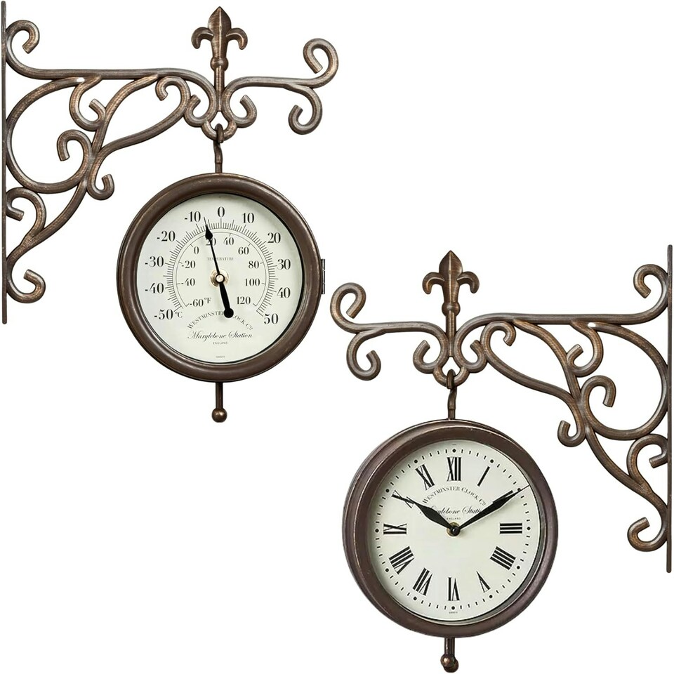 image 1 of Marco Paul 32cm Double Sided Outdoor Station Wall Clock and Thermometer Brown