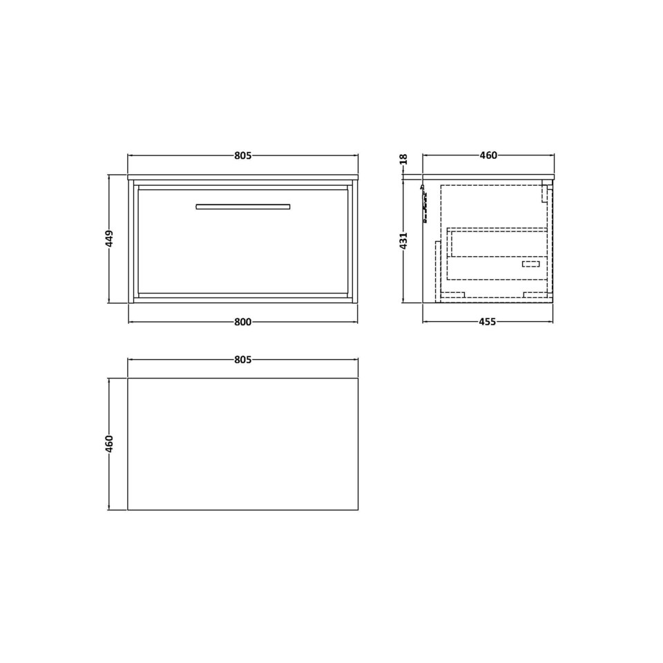 image 1 of Balterley Longnor 1 Drawer Wall Hung Vanity Unit with Worktop, Woodgrain Graphite Grey, 800mm