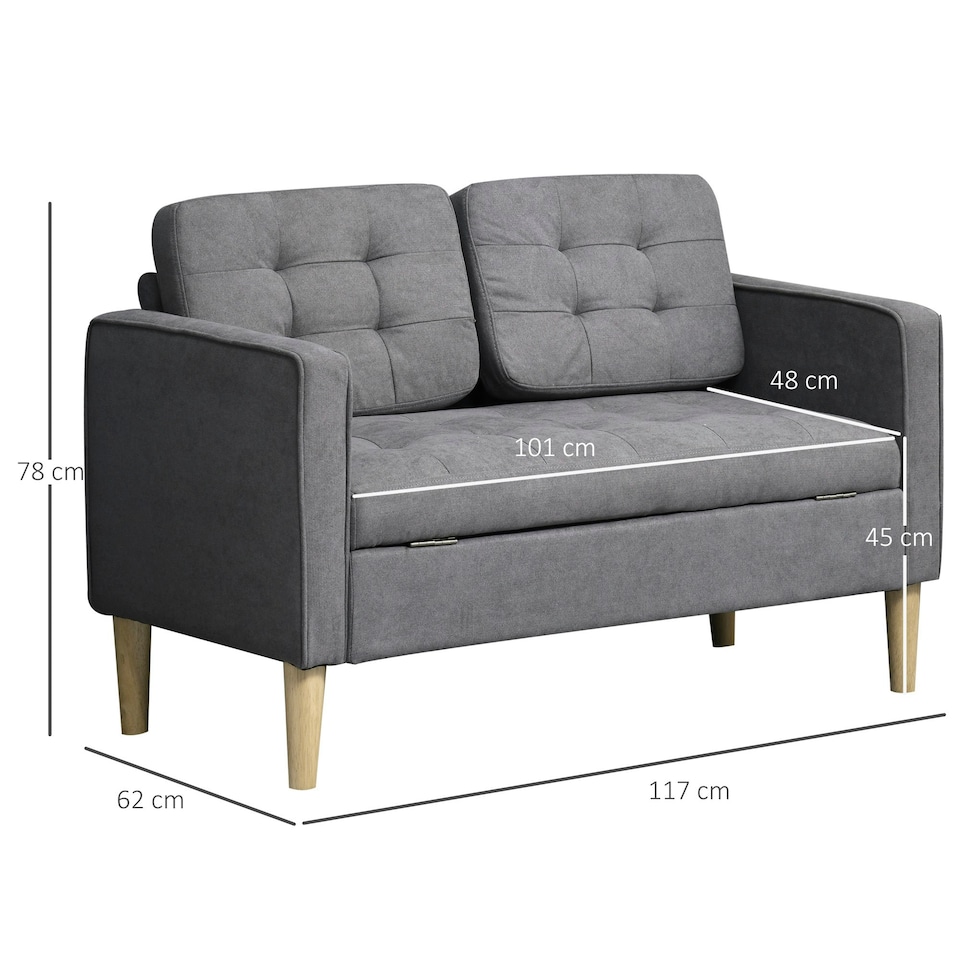 image 1 of HOMCOM Compact 2 Seater Sofa with Hidden Storage and Rubberwood Legs Grey