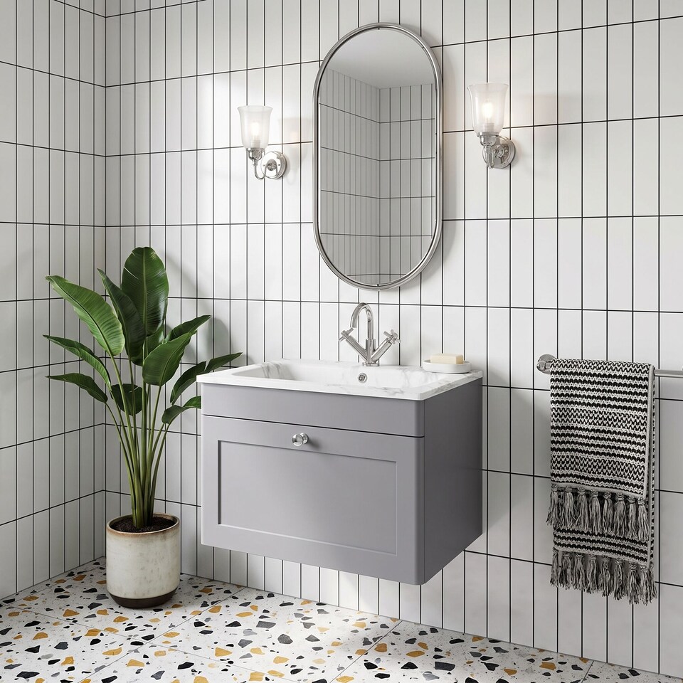 image 1 of Balterley Swynnerton Traditional 1 Drawer Wall Hung Vanity Unit with Stone Basin, Satin Grey, 600mm