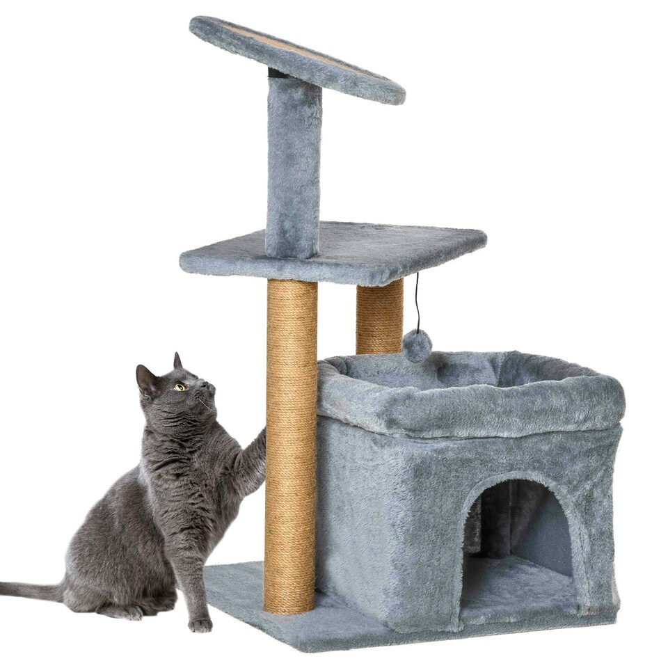 image 1 of PawHut Cat Scratching Post with Bed House Perch Toy for Indoor Cats, Grey